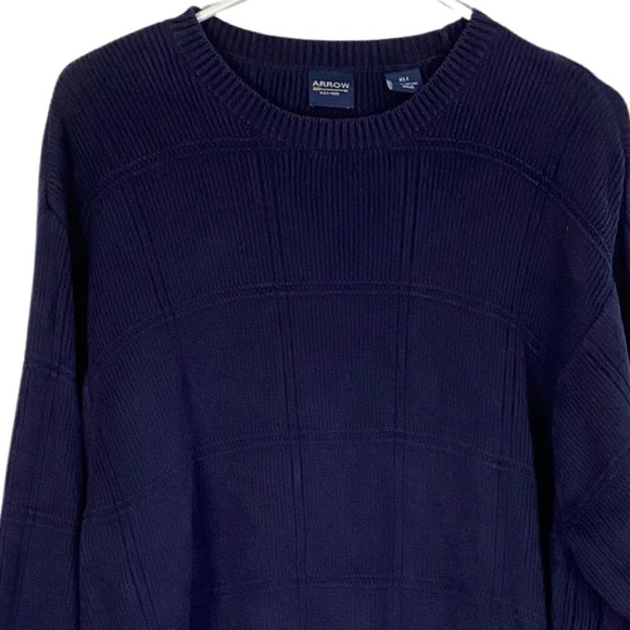 Grandpa Oversized Sweater Mens XL Tall Navy Blue Pullover Windowpane Crewneck - Picture 3 of 6